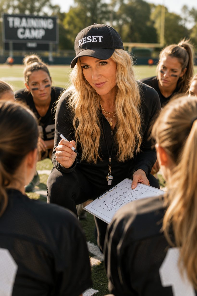 Amanda coaching women in a huddle