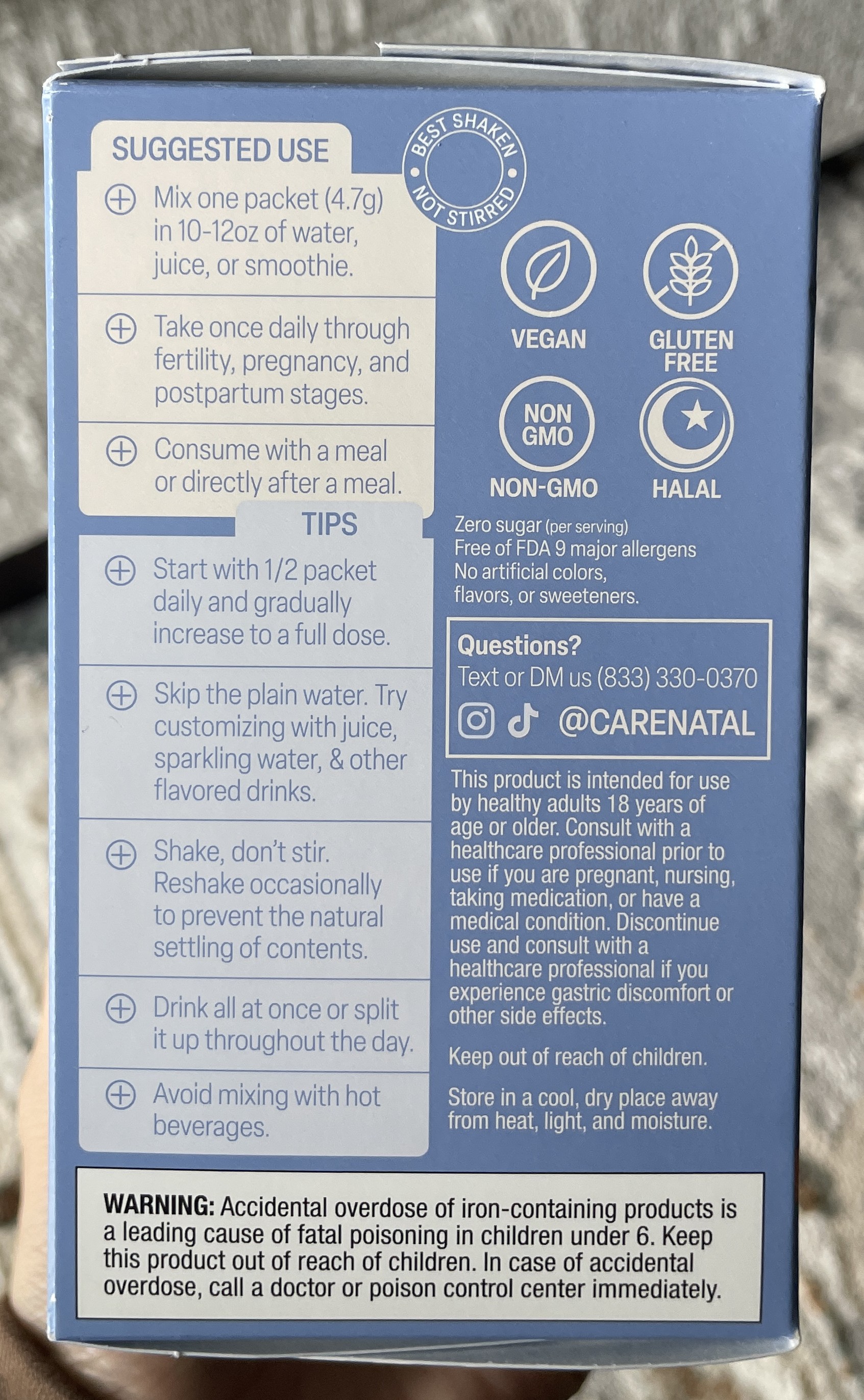 Side of the CareNatal box showing the vegan, gluten free, non-GMO, and halal badges
