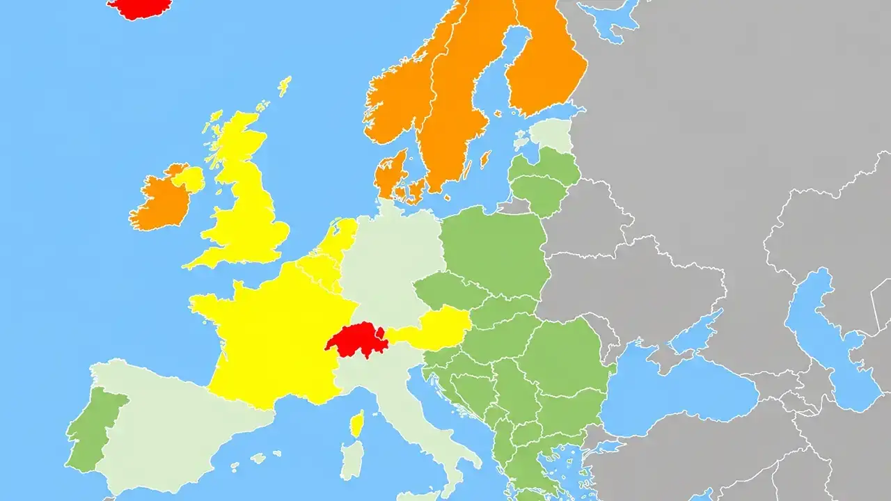 European cost map colour-coded by country