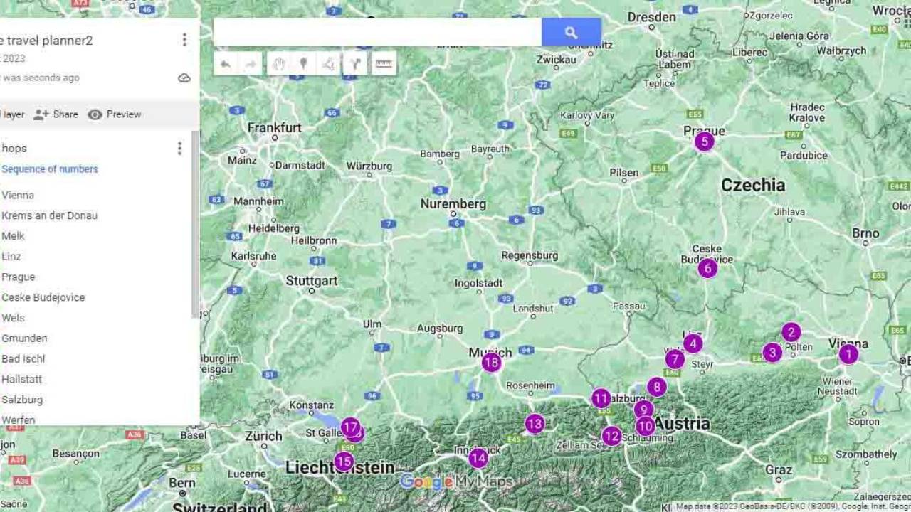 How to make a free Europe planner route map fast with Google
