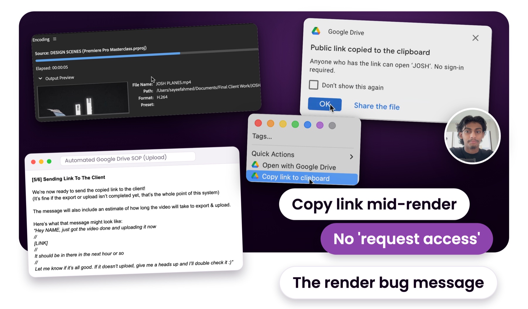 Real frames from the Automated Delivery SOP walkthrough: Media Encoder rendering a video into the Final Client Work folder, the Finder right-click 'Copy link to clipboard', Google Drive's 'Public link copied to the clipboard, no sign-in required' popup and Malice on camera, next to the Upload SOP's message for sending the client the link