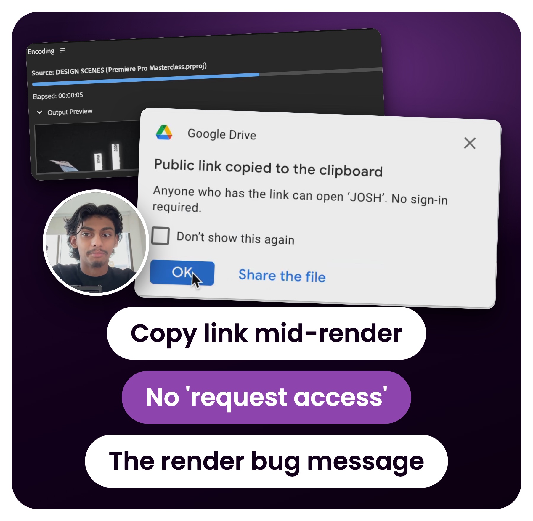 Real frames from the Automated Delivery SOP walkthrough: Media Encoder rendering a video into the Final Client Work folder, the Finder right-click 'Copy link to clipboard', Google Drive's 'Public link copied to the clipboard, no sign-in required' popup and Malice on camera, next to the Upload SOP's message for sending the client the link