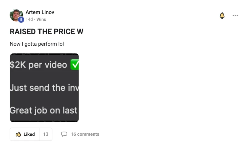 Artem Linov: raised the price to $2K per video