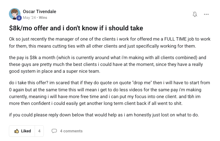 Oscar Tivendale: $8k a month full-time offer