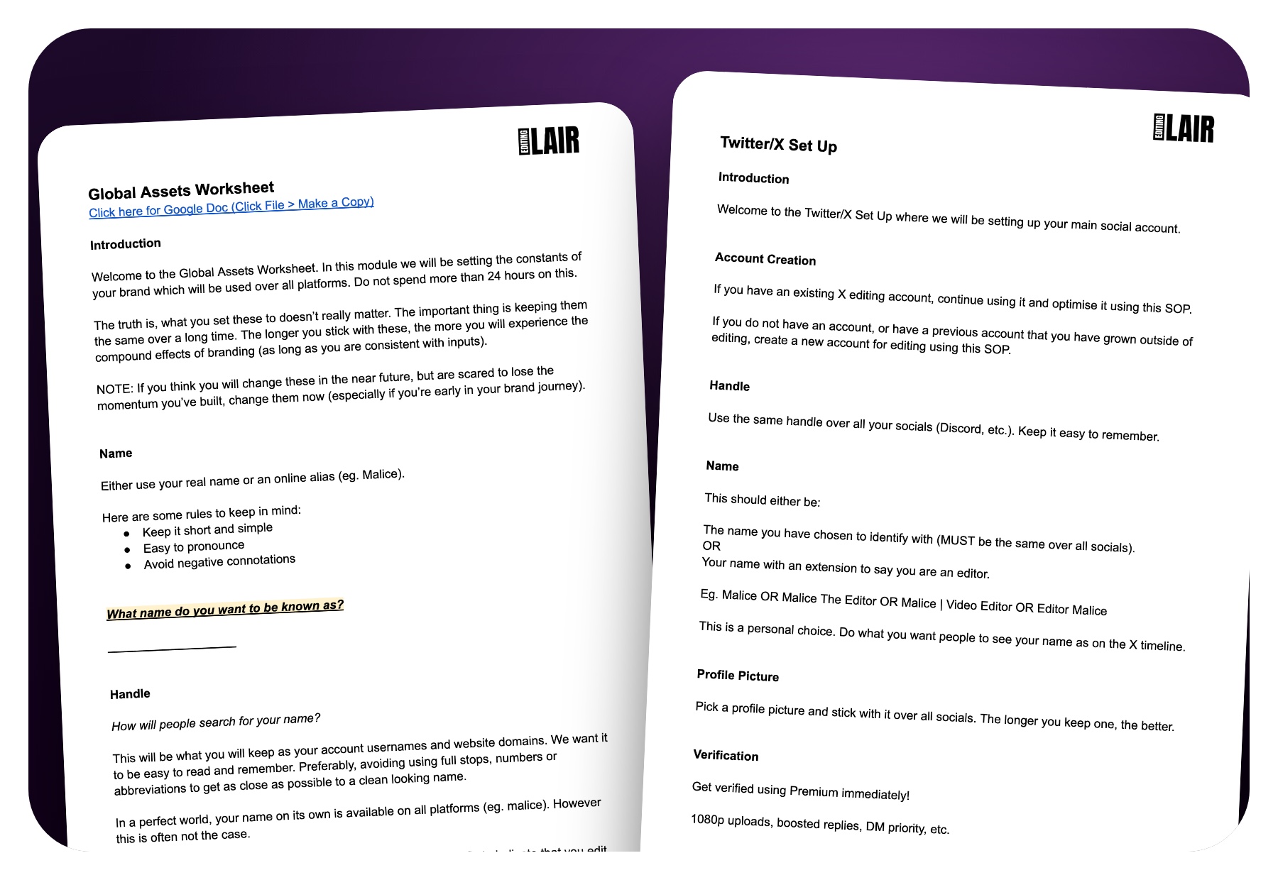 The Brand Setup SOP documents, with the three reasons to get it: SOPs for X, Discord and Gmail, look like a pro editor, the bio formula included