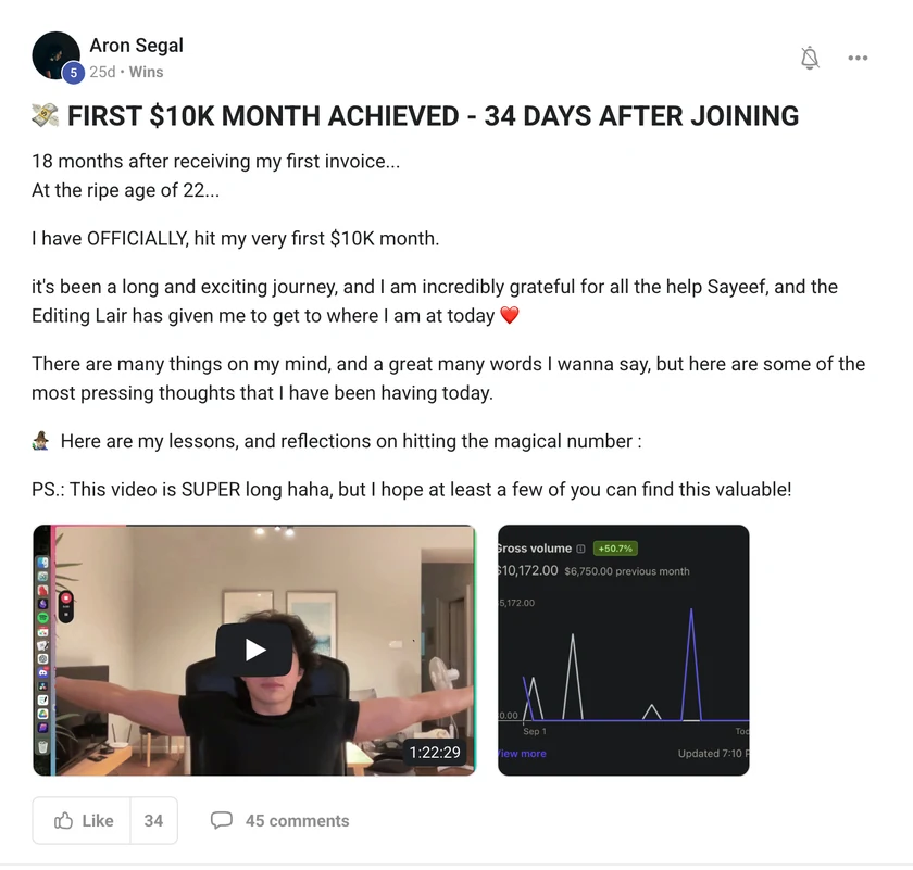 Aron Segal: first $10K month, 34 days after joining