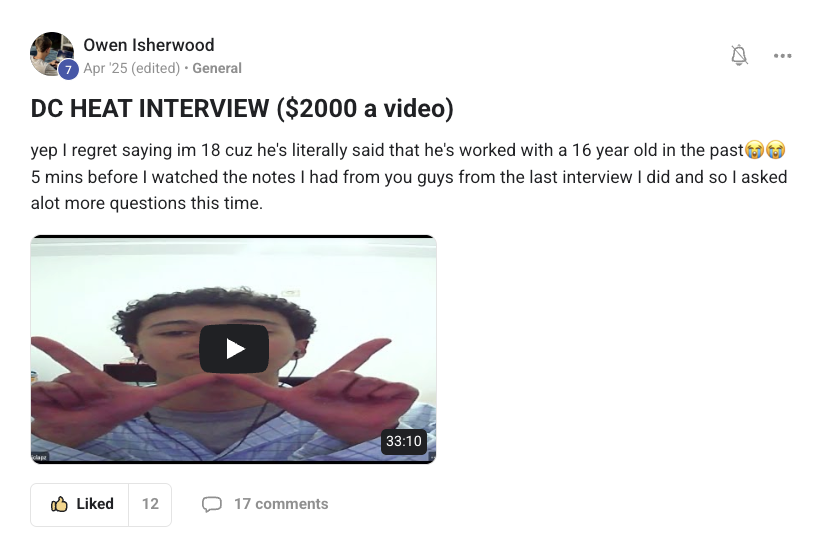 Owen Isherwood: DC Heat interview, $2000 a video