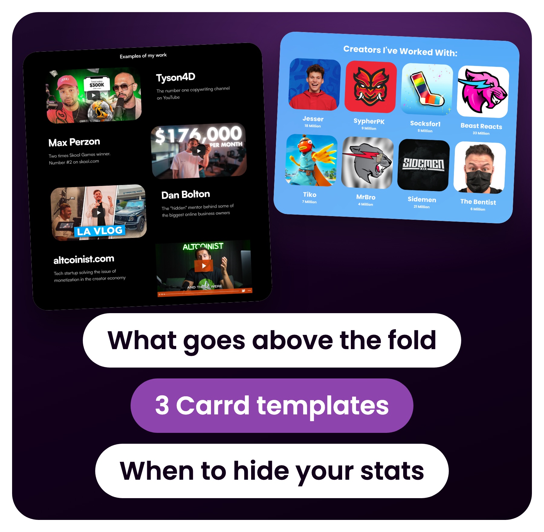 Real video editor portfolio examples from the Portfolio Best Practices SOP, including Malice's Creators I've Worked With section, next to the SOP document
