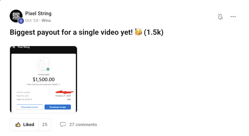 Pixel String: biggest payout for a single video, $1,500
