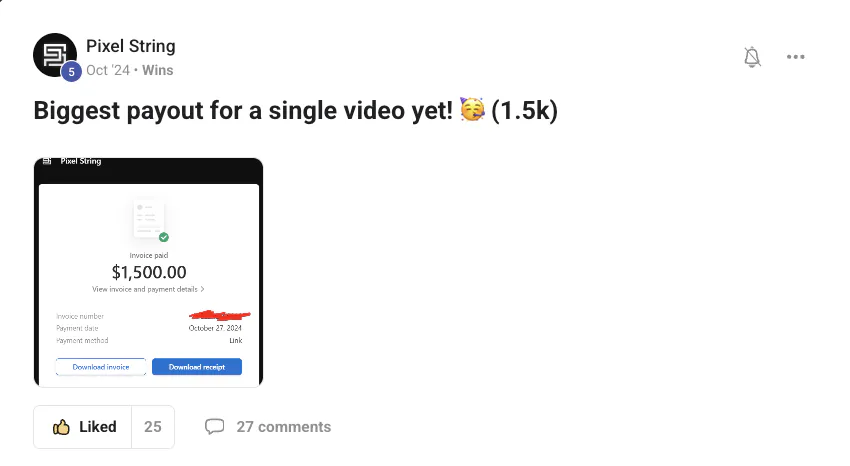 Pixel String: biggest payout for a single video, $1,500