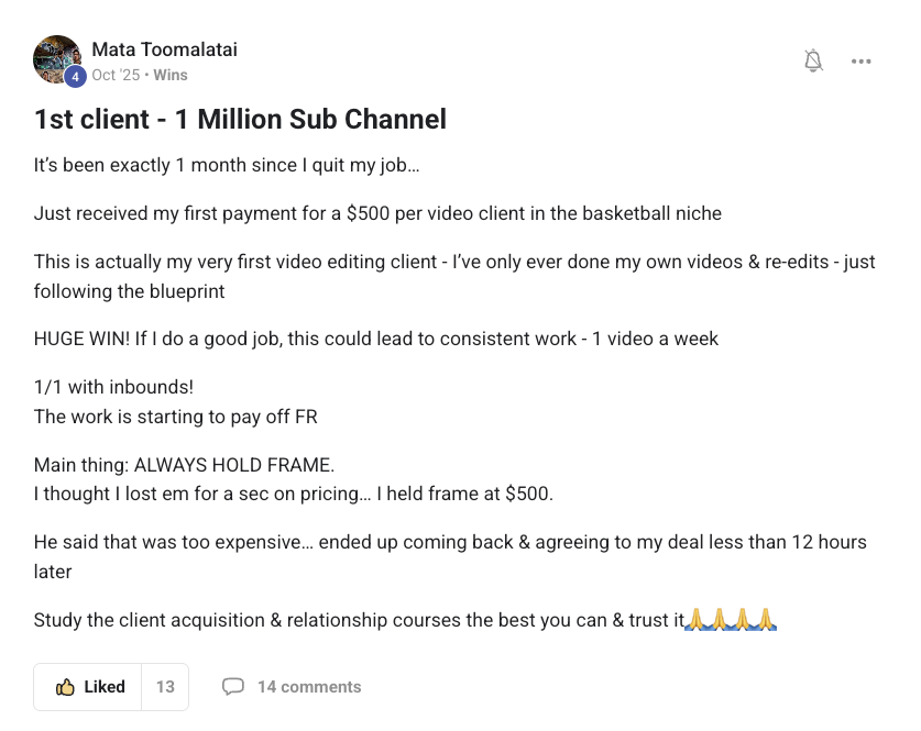 Mata Toomalatai: first client, 1 million sub channel