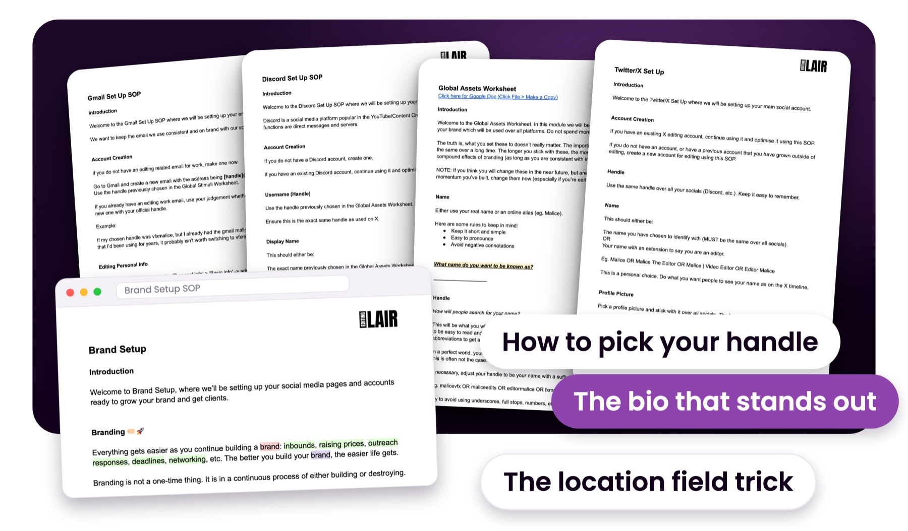 The Brand Setup SOP with its Gmail, Discord, Global Assets Worksheet and Twitter/X setup guides