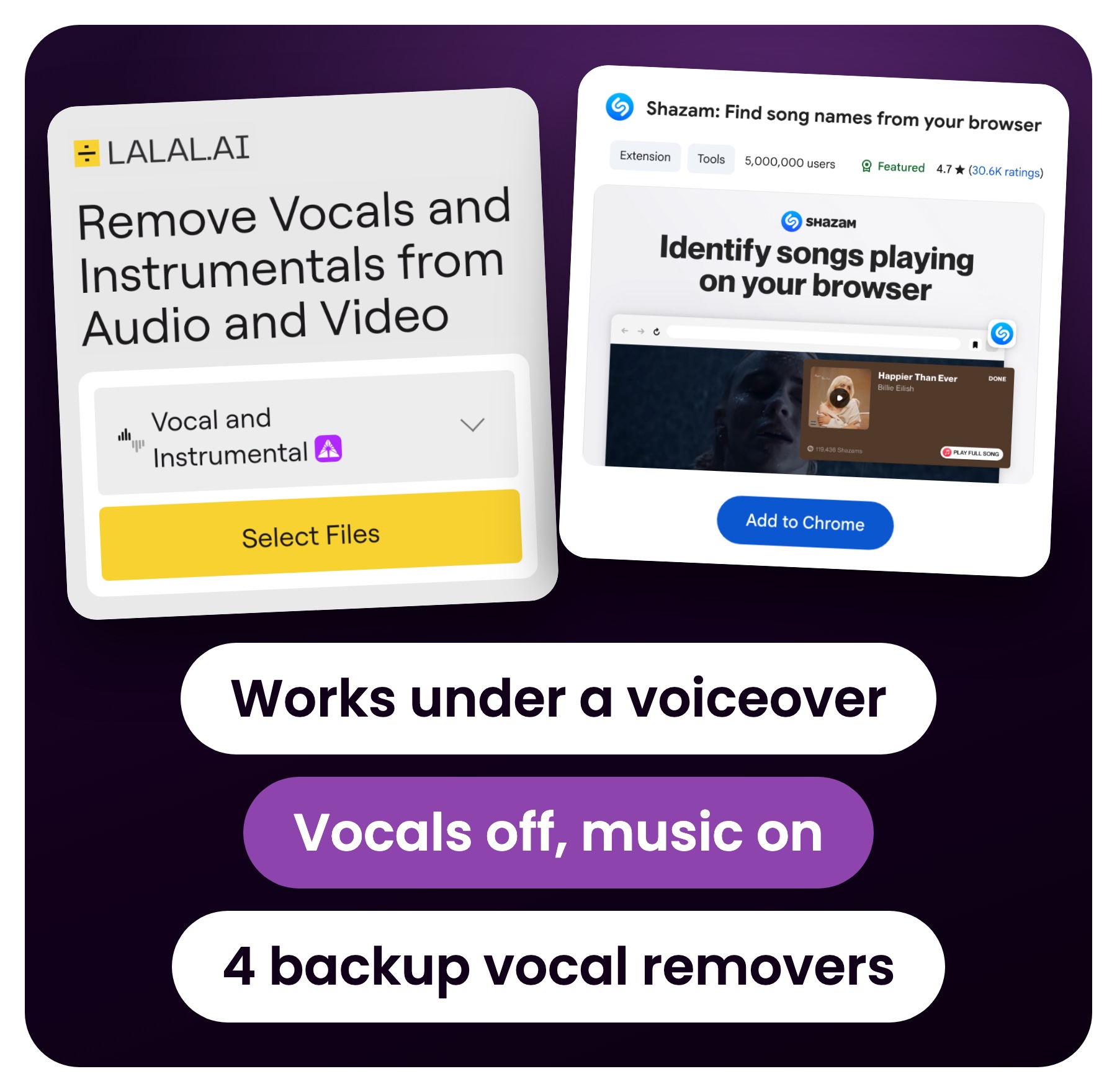 The Finding Song SOP with its real tools: Sayeef's 8:04 Loom walkthrough of the doc, the lalal.ai vocal remover page, the Shazam Chrome extension listing, and the SOP's Capture Clip and Shazam Isolated Track steps