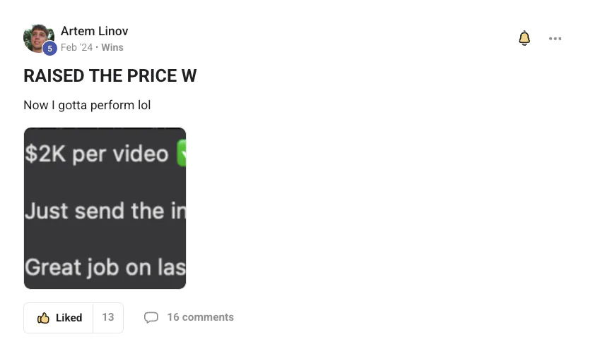 Artem Linov: raised the price to $2K per video