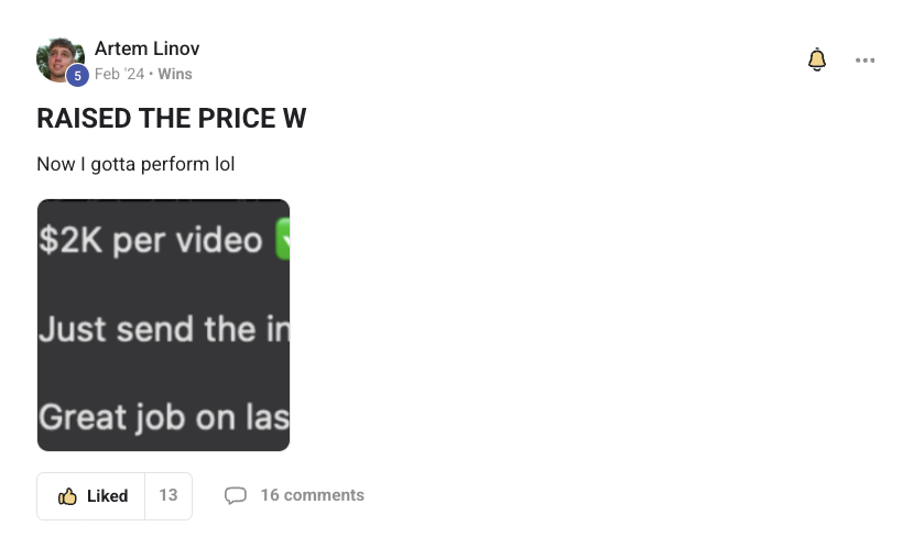Artem Linov: raised the price to $2K per video