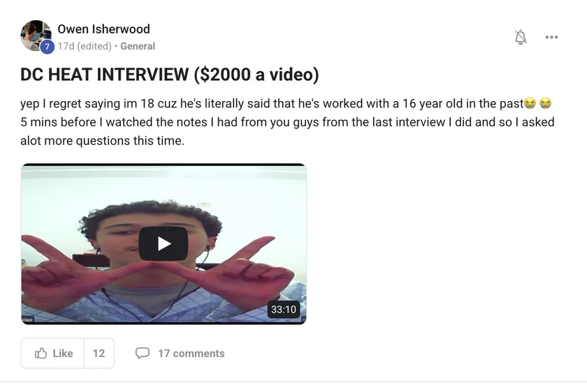 Owen Isherwood: DC Heat interview, $2000 a video