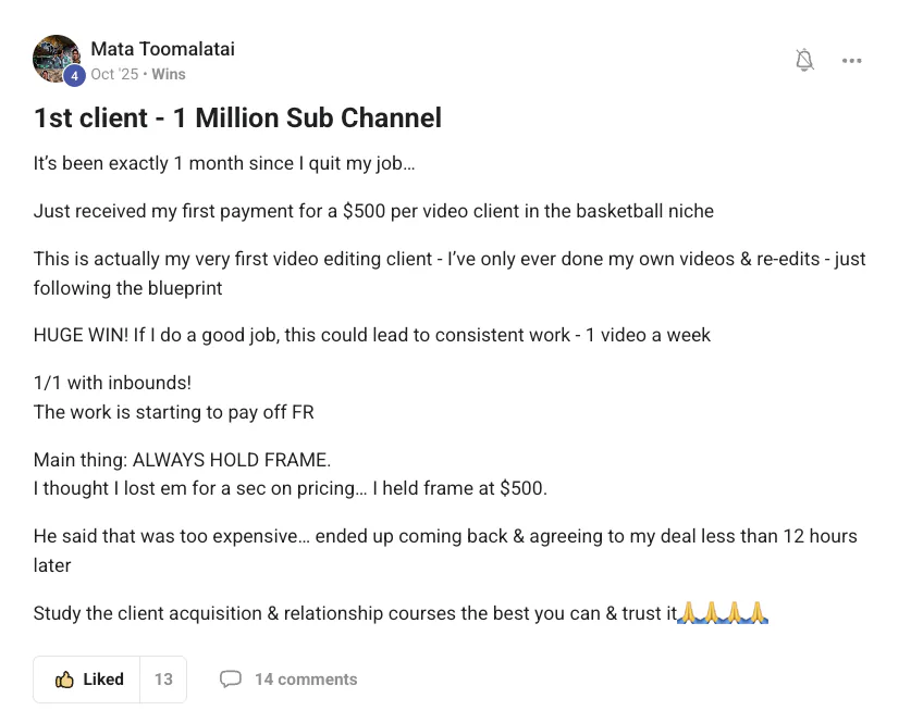 Mata Toomalatai: first client, 1 million sub channel