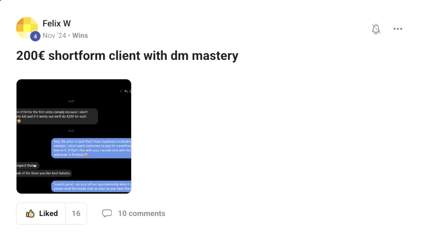 Felix W: 200 euro shortform client with DM Mastery