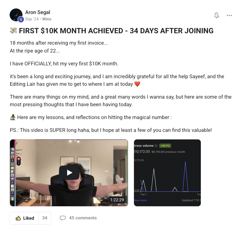 Aron Segal: first $10K month, 34 days after joining