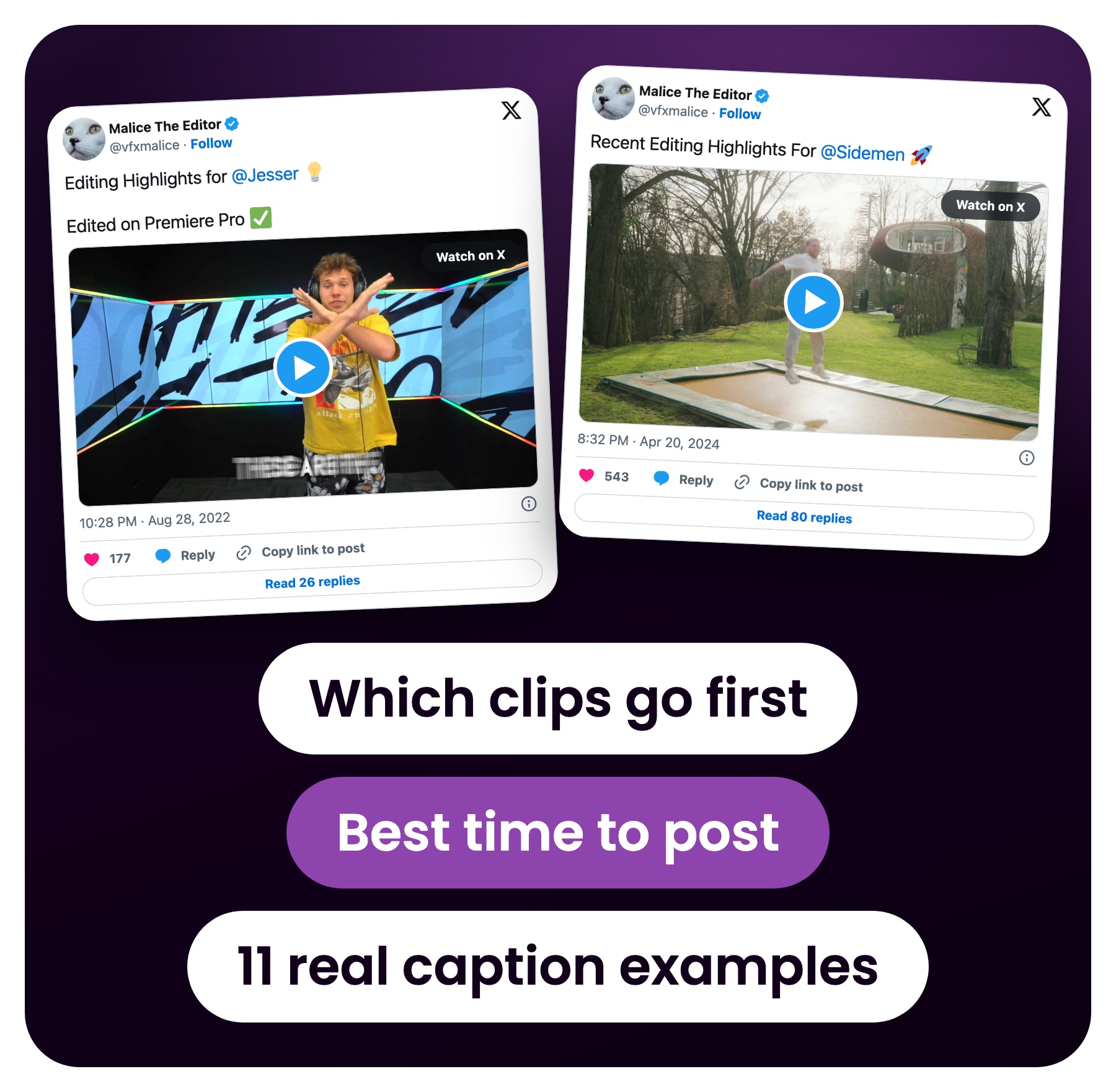 Real editing preview posts on X by Malice The Editor for Sidemen, Jesser and DJCook, with the Posting Previews SOP document