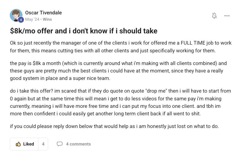 Oscar Tivendale: $8k a month full-time offer