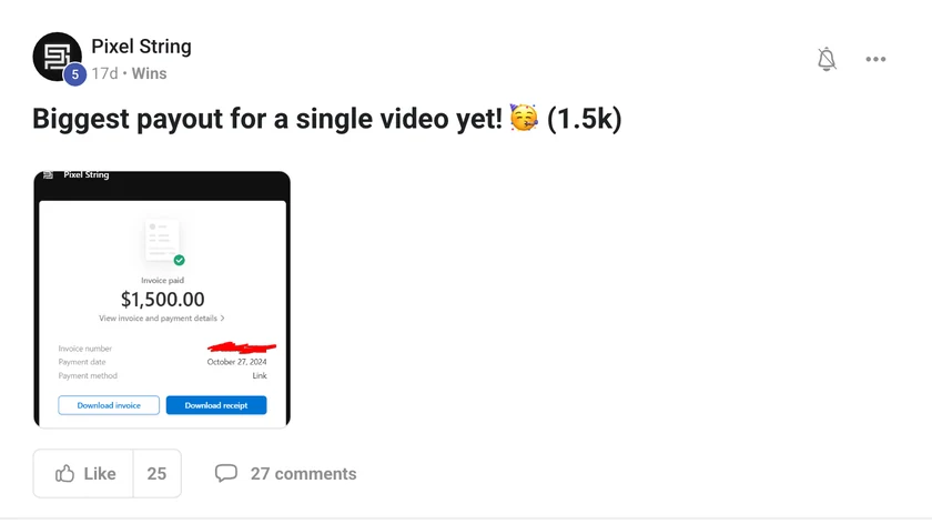 Pixel String: biggest payout for a single video, $1,500