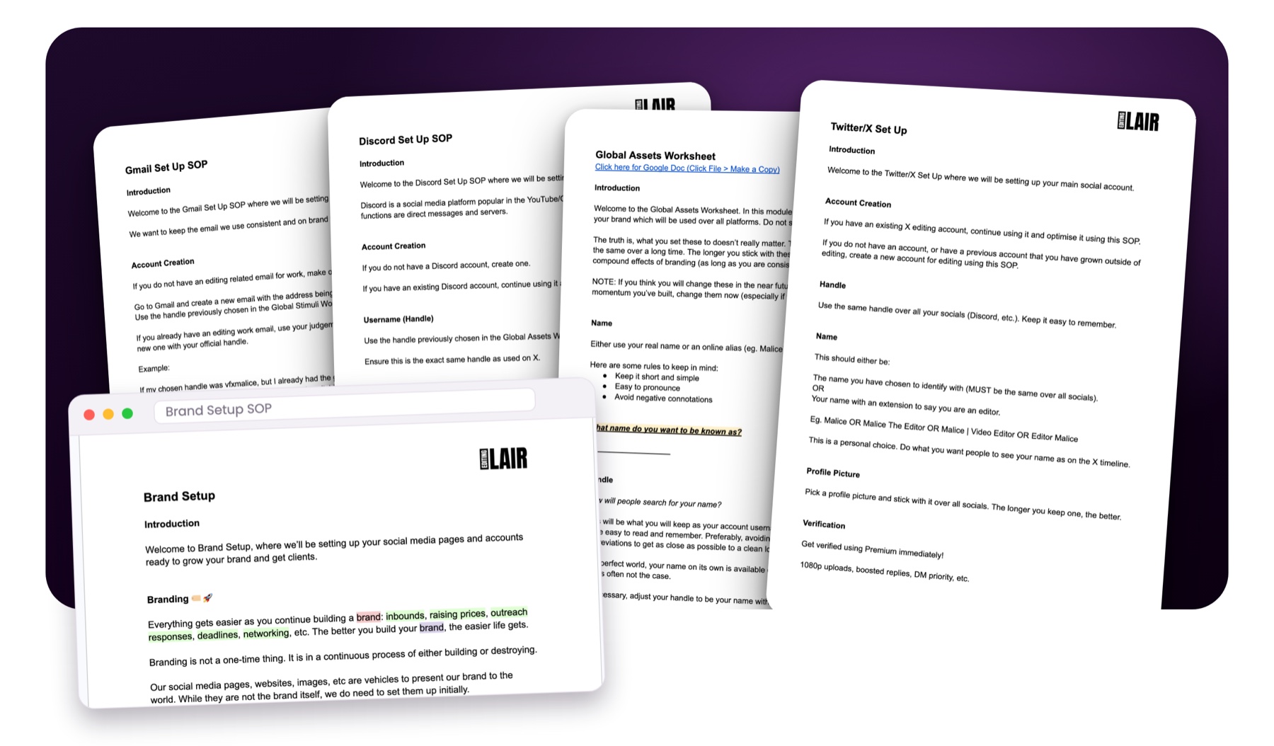 The Brand Setup SOP documents, with the three reasons to get it: SOPs for X, Discord and Gmail, look like a pro editor, the bio formula included