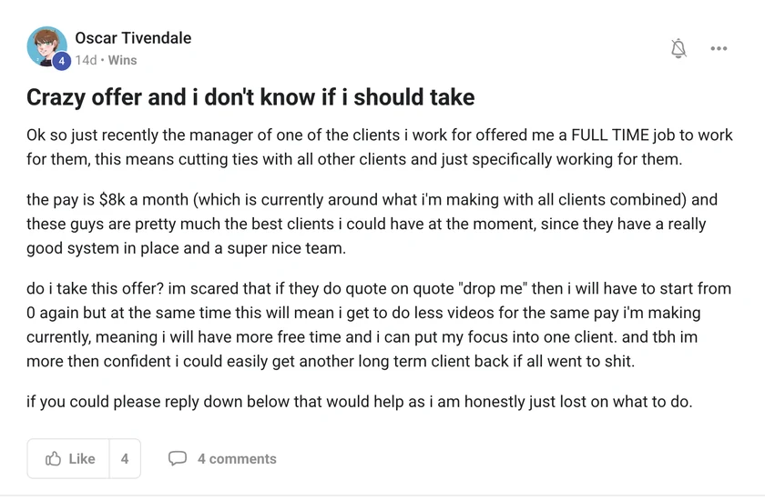 Oscar Tivendale: $8k a month full-time offer