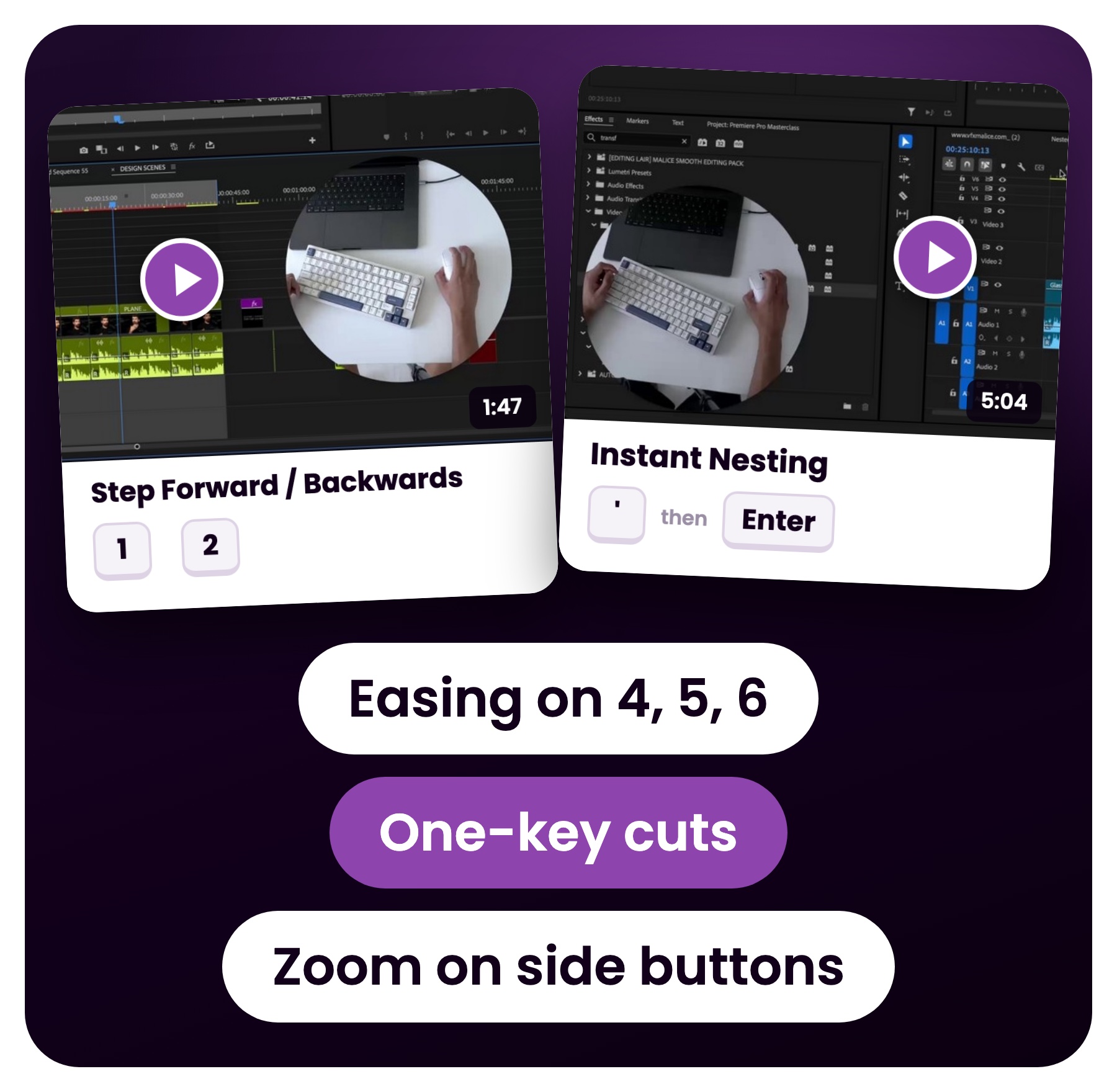 Three real Loom videos from the Shortcut Codex (Replicate All Effects, Step Forward / Backwards, Instant Nesting) showing Premiere Pro with an overhead cam of Malice's hands on the keyboard and mouse, with each shortcut's keys, next to the Shortcut Codex document