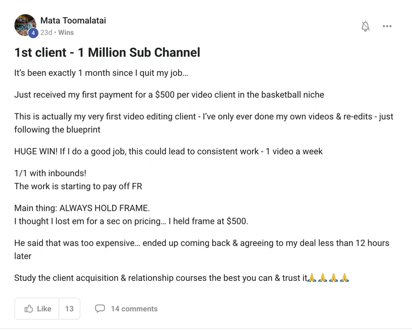 Mata Toomalatai: first client, 1 million sub channel