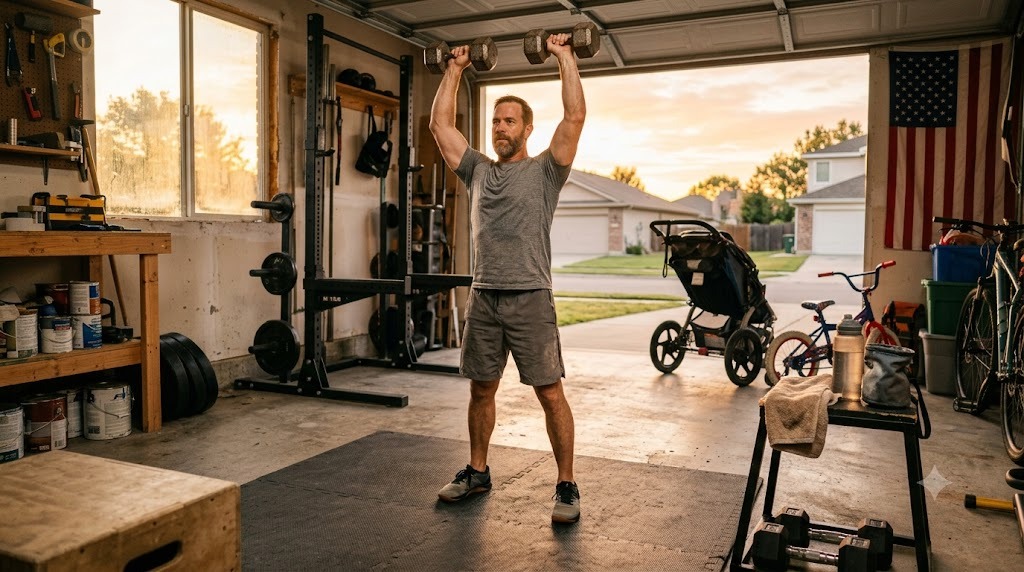 A dad pressing dumbbells overhead in his open garage gym at sunrise