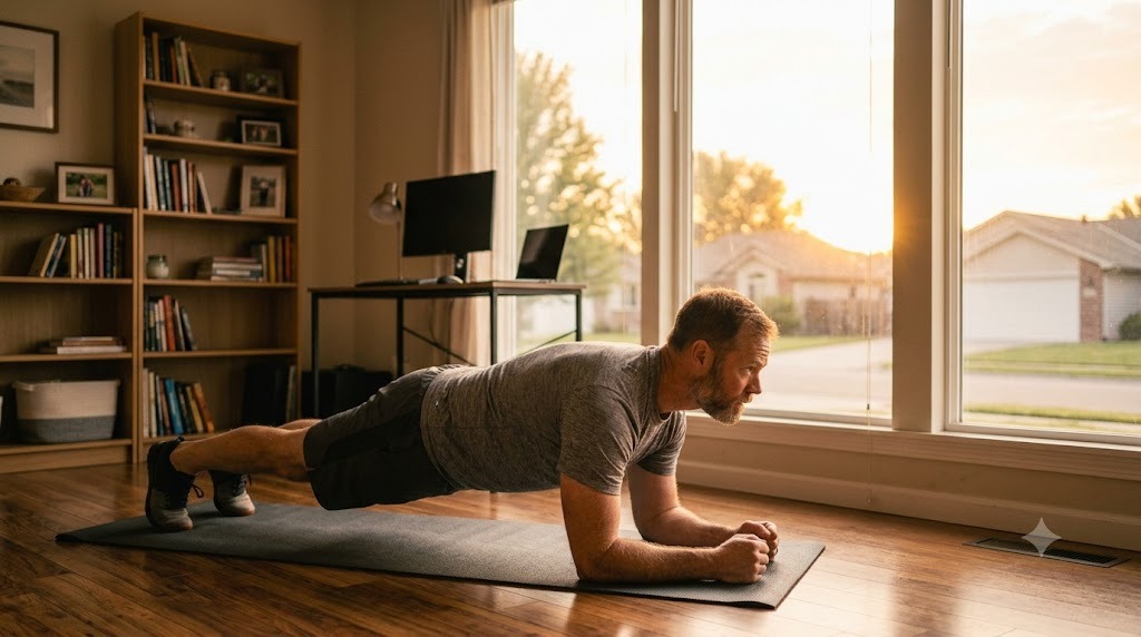 A dad holding a forearm plank on a mat in his living room at sunrise