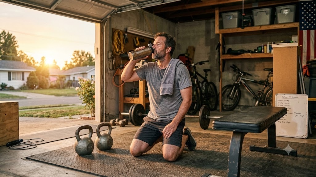 A dad drinking water on one knee in his home garage gym at sunrise, kettlebells and bench beside him