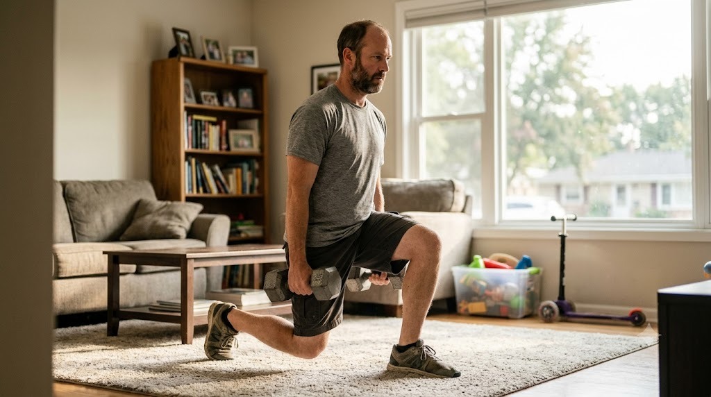 A dad doing walking lunges in his living room at home