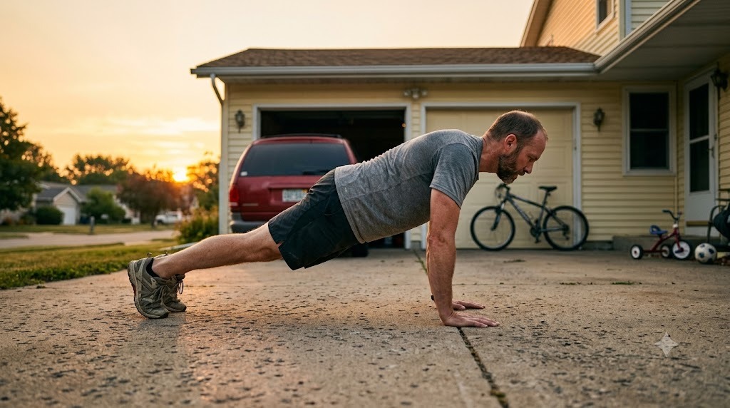 A dad doing burpees in his driveway at sunrise