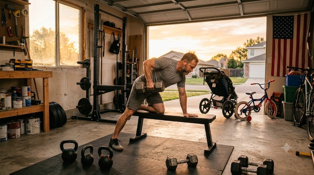 A dad doing dumbbell rows during an early morning home workout