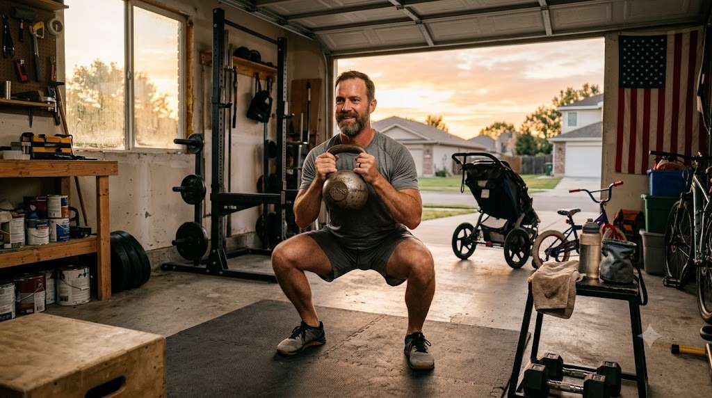 A dad doing goblet squats with a kettlebell in his garage gym at sunrise