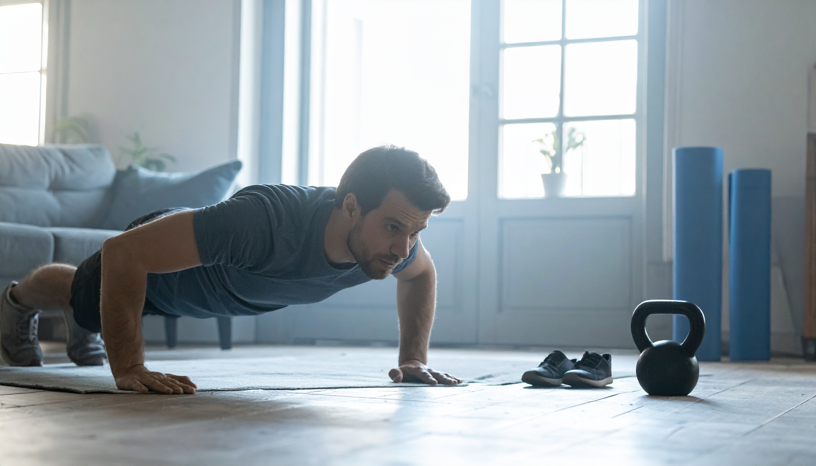 Dad doing pushups on the floor of a bright living room with a kettlebell nearby