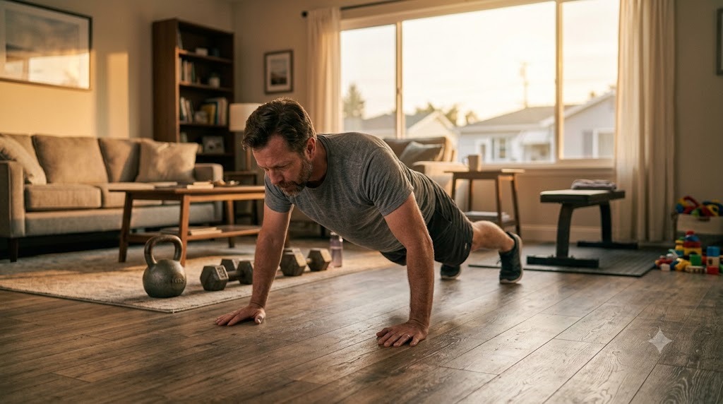 A dad doing pushups on the floor of his living room at sunrise
