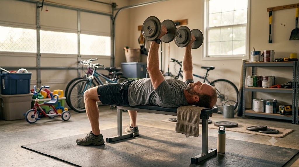 A dad doing dumbbell bench presses in his garage gym