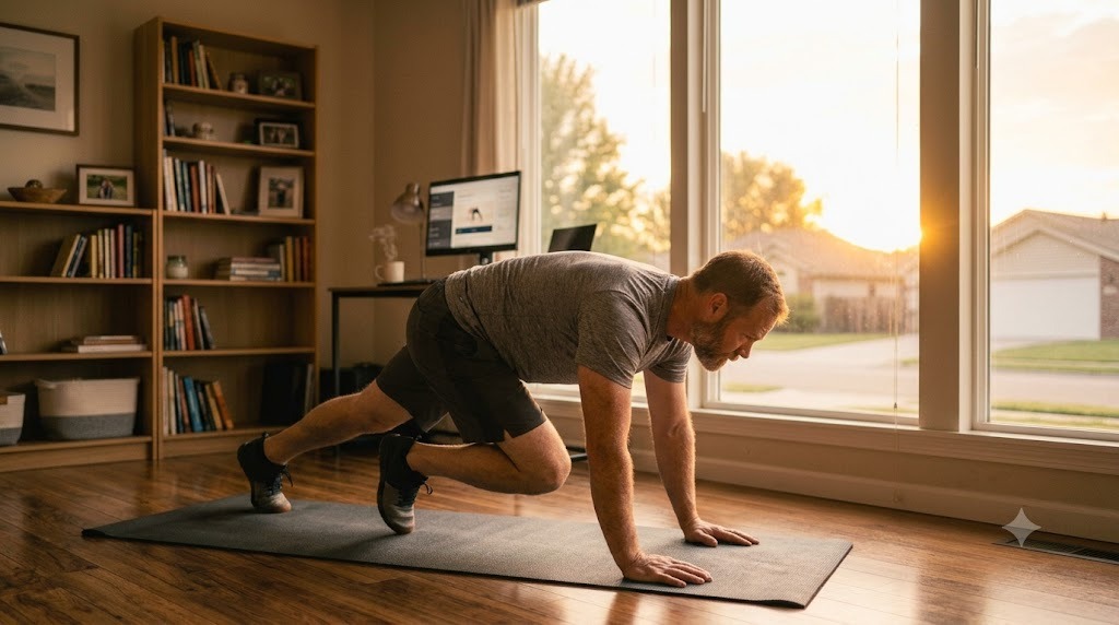 A dad doing mountain climbers on his floor during an early morning workout at home