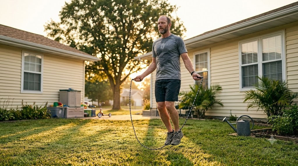 A dad skipping rope in his backyard on a bright morning