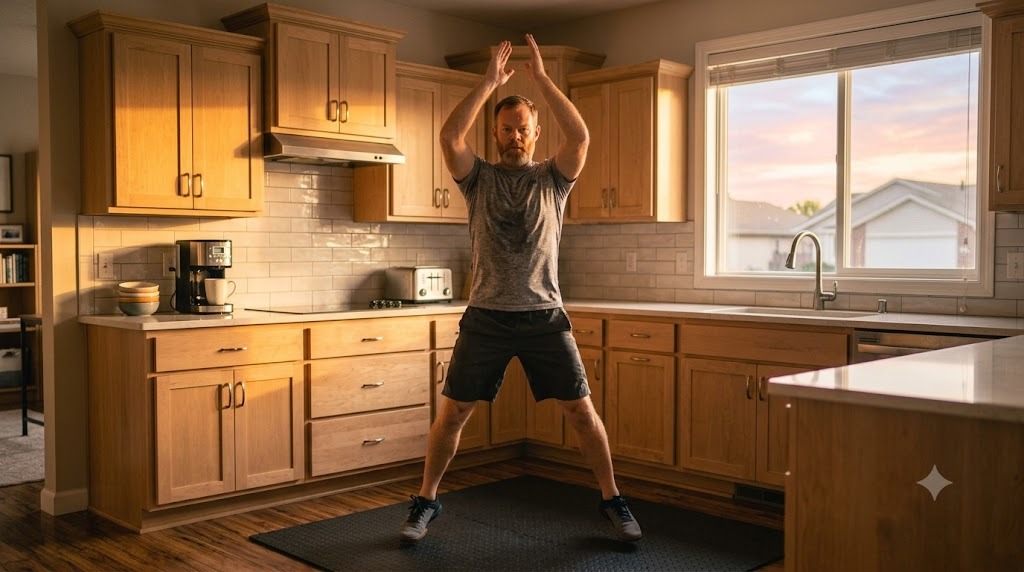 A dad doing jumping jacks in his kitchen in the morning