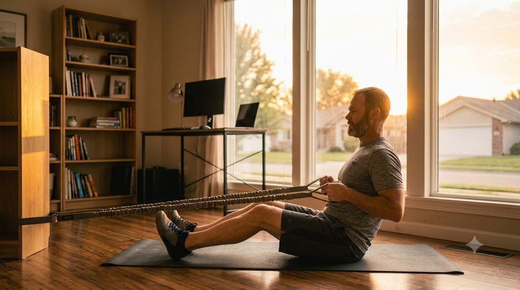 A dad doing resistance band rows in his garage before the house wakes up