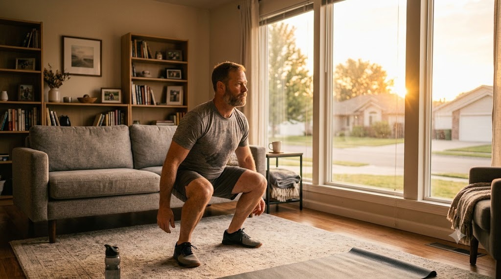 A dad doing bodyweight squats in his living room at sunrise