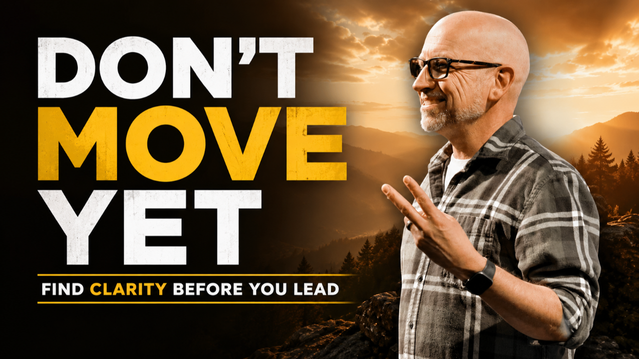 Gabe Kolstad teaching about leadership clarity and finding your mission before taking action against a mountain sunrise background.