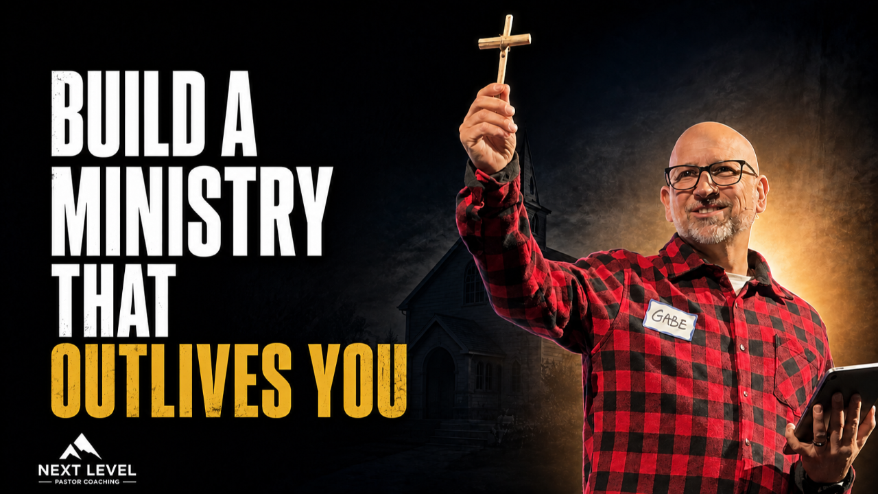Gabe Kolstad holding up a wooden cross beside the words “Build a ministry that outlives you,” with Next Level Pastor Coaching branding.