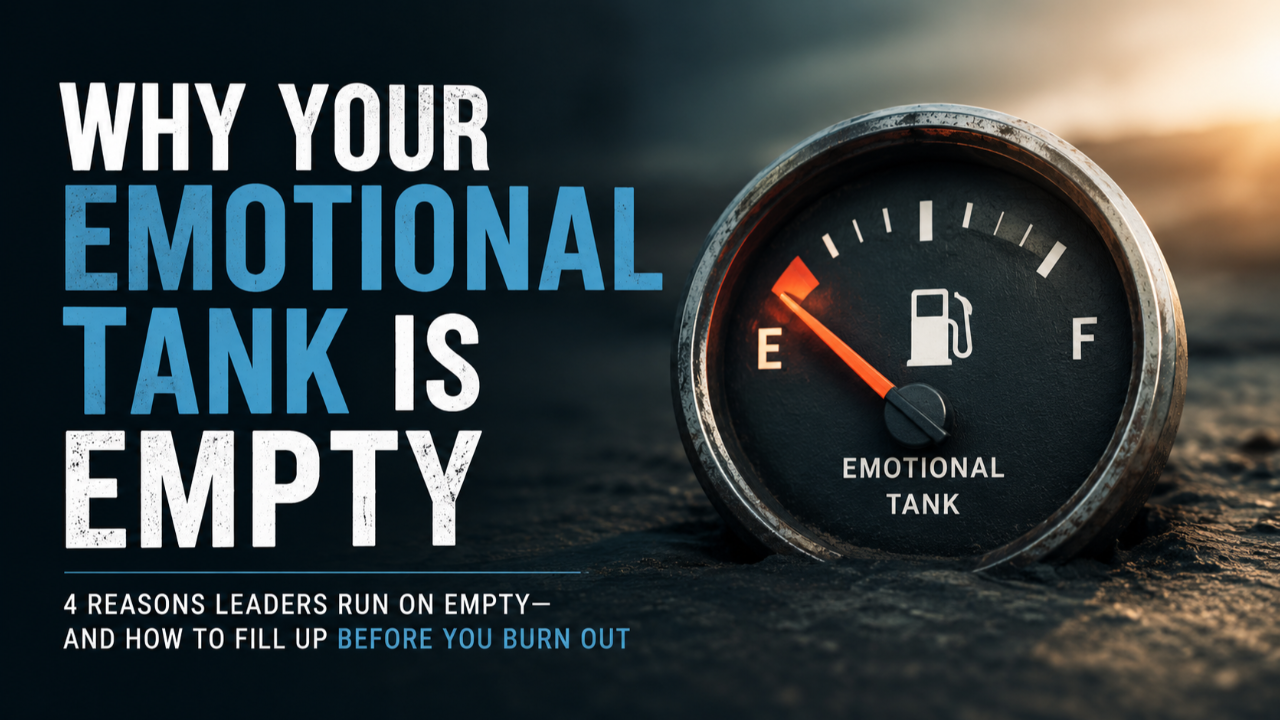 A dramatic leadership-themed graphic featuring a fuel gauge labeled “Emotional Tank” hovering just above empty. Large bold text reads, “Why Your Emotional Tank Is Empty.” A subtitle says, “4 Reasons Leaders Run on Empty—and How to Fill Up Before You Burn Out.” The dark, cinematic design symbolizes burnout, emotional health, and sustainable leadership.