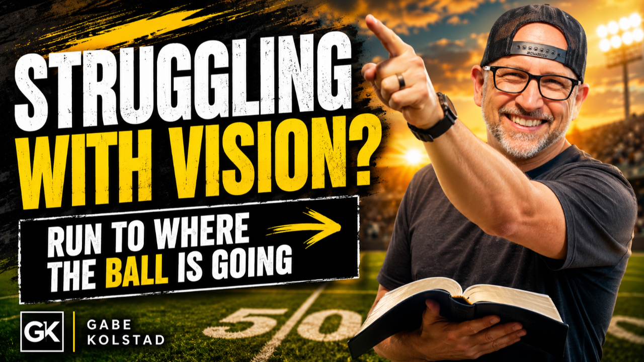 Gabe Kolstad pointing forward on a football field at sunset, teaching leaders to run to where the ball is going when casting vision.
