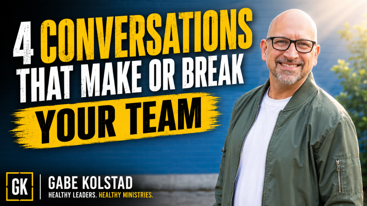Gabe Kolstad teaching on the four conversations every leader must have with their team: encouragement, coaching, correction, and celebration.